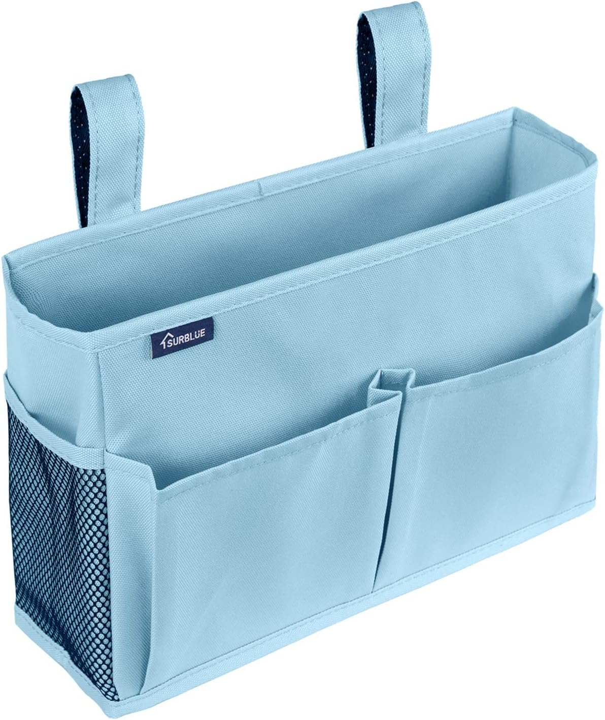 Surblue Bedside Caddy Hanging Organizer Storage Bag Pocket for Bunk, Hospital, College Dorm Rooms, Baby Bed Rails, Camp - 4 Pockets, 2 Hooks (Blue)