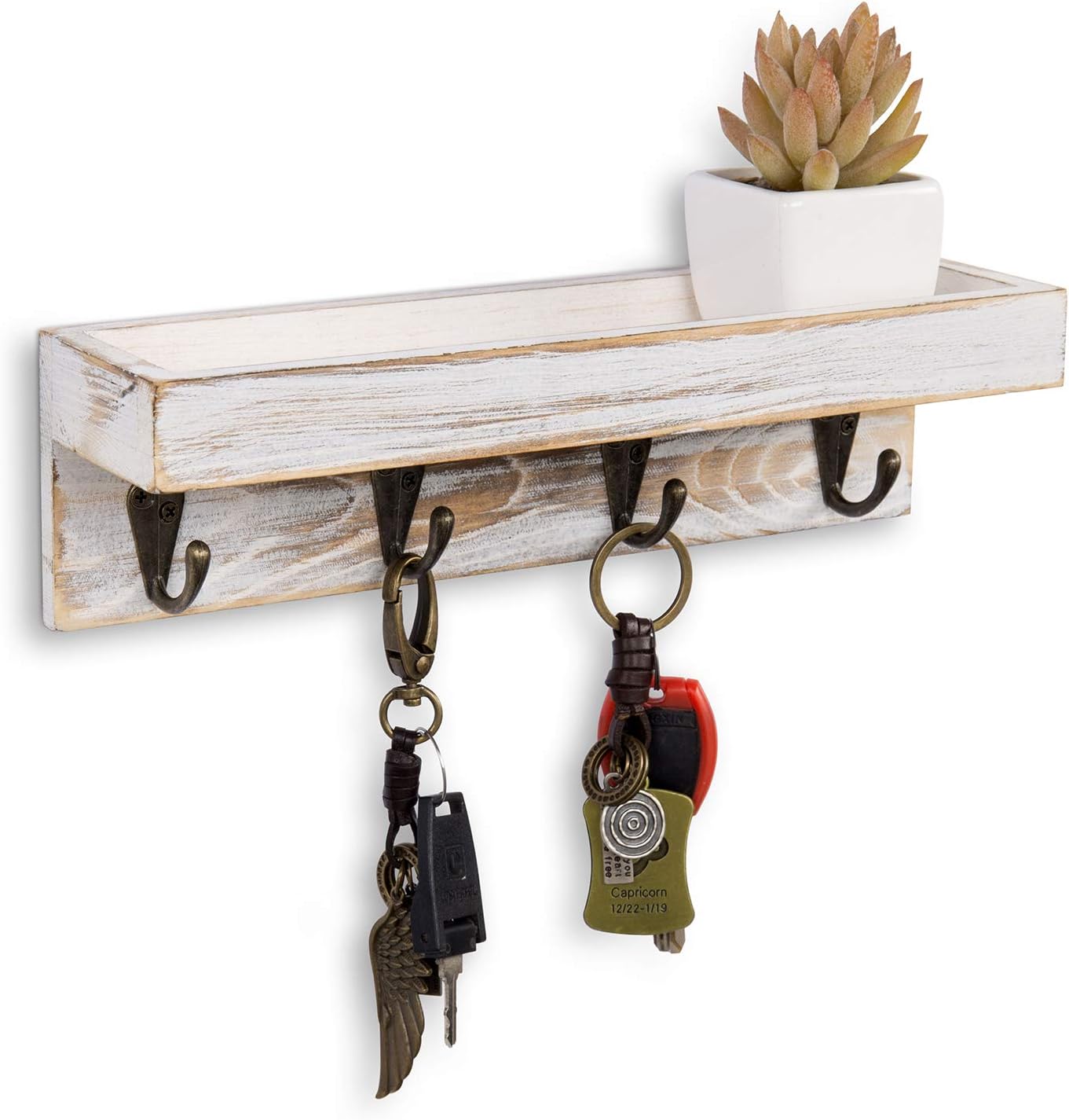 MyGift 10 Inch Brown Wood Wall Mounted Floating Shelf Key Rack with 4 Hooks | Four Metal Hooks, Space Saving Storage, Entryway Organization, Rustic Accent, Keys Mail Accessories Display