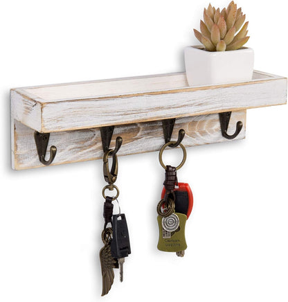 MyGift 10 Inch Brown Wood Wall Mounted Floating Shelf Key Rack with 4 Hooks | Four Metal Hooks, Space Saving Storage, Entryway Organization, Rustic Accent, Keys Mail Accessories Display