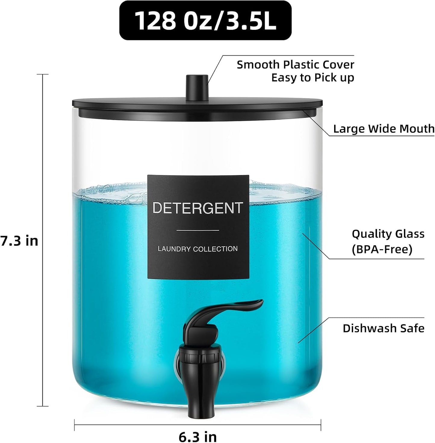 Glass Laundry Detergent Dispenser, 128 oz / 3.5L Fabric Softener Dispenser for Laundry Room Organization, Detergent Holder with Plastic Spigot (Black, 1 Pack)