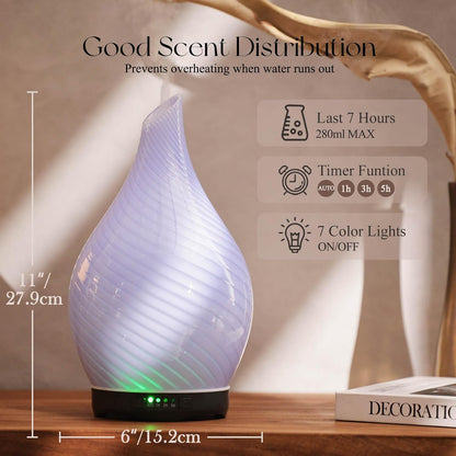 Porseme Essential Oil Diffuser 280ml Handmade Glass Diffuser 7H Runtime | Elegant Handmade Glass Aroma Diffuser with 7-color LEDs, Quiet Aromatherapy and Safe Auto Shut-off, Perfect for Gifts