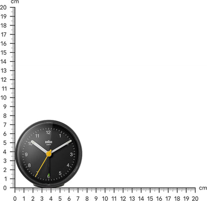 Braun Classic Analogue Alarm Clock with Snooze and Light, Quiet Quartz Movement, Crescendo Beep Alarm in Black, Model BC12B.