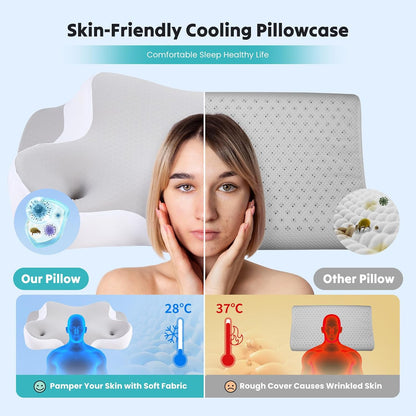 Sweetcrispy Cervical Pillow for Neck Pain, Ergonomic Contour Memory Foam Pillow with Detachable Roll Support, Cooling Breathable Cover for Side Back Stomach Sleepers