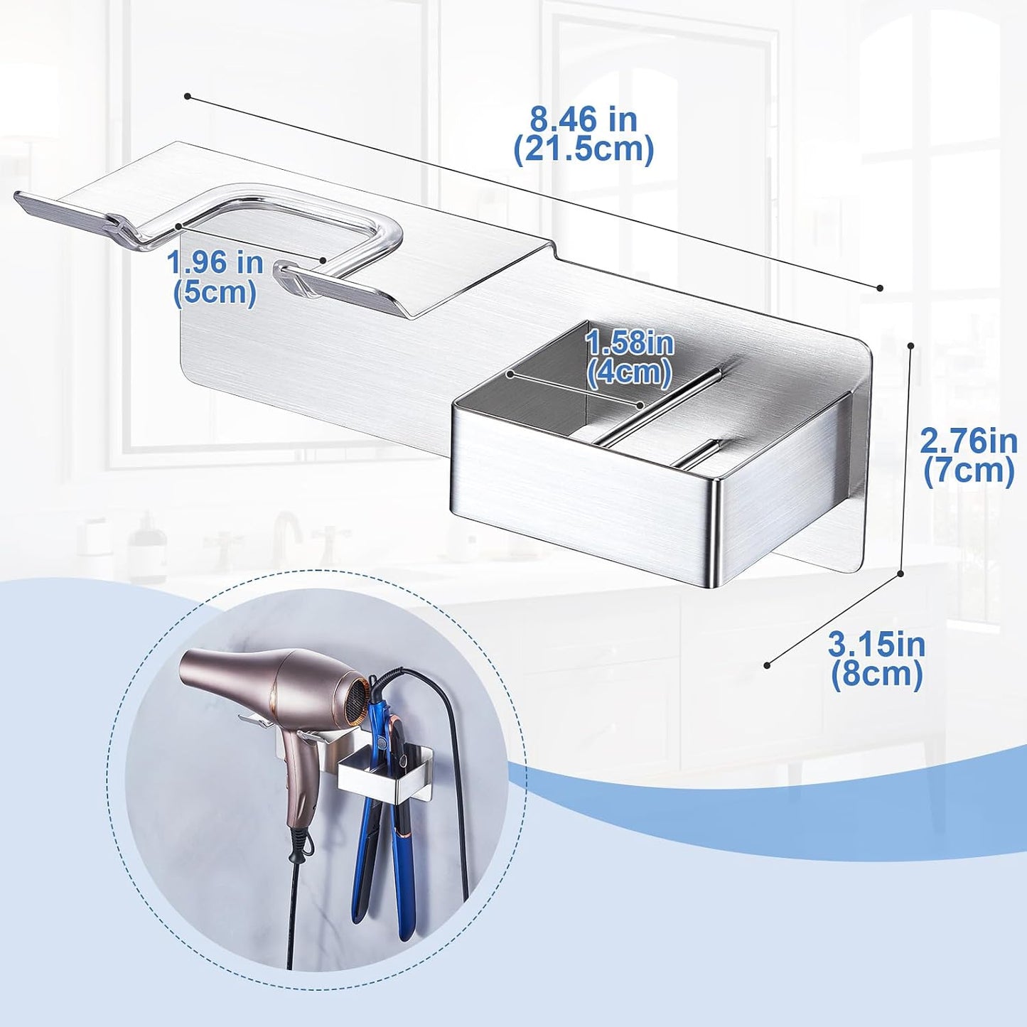 Hair Dryer Holder Wall Mounted, Hair Straightener Holder Metal, Adhesive Blow Dryer and Hair Straightener Holder, Bathroom Bedroom Hair Tool Organizer for Flat Iron,Curling Iron,Hairdryer (White)
