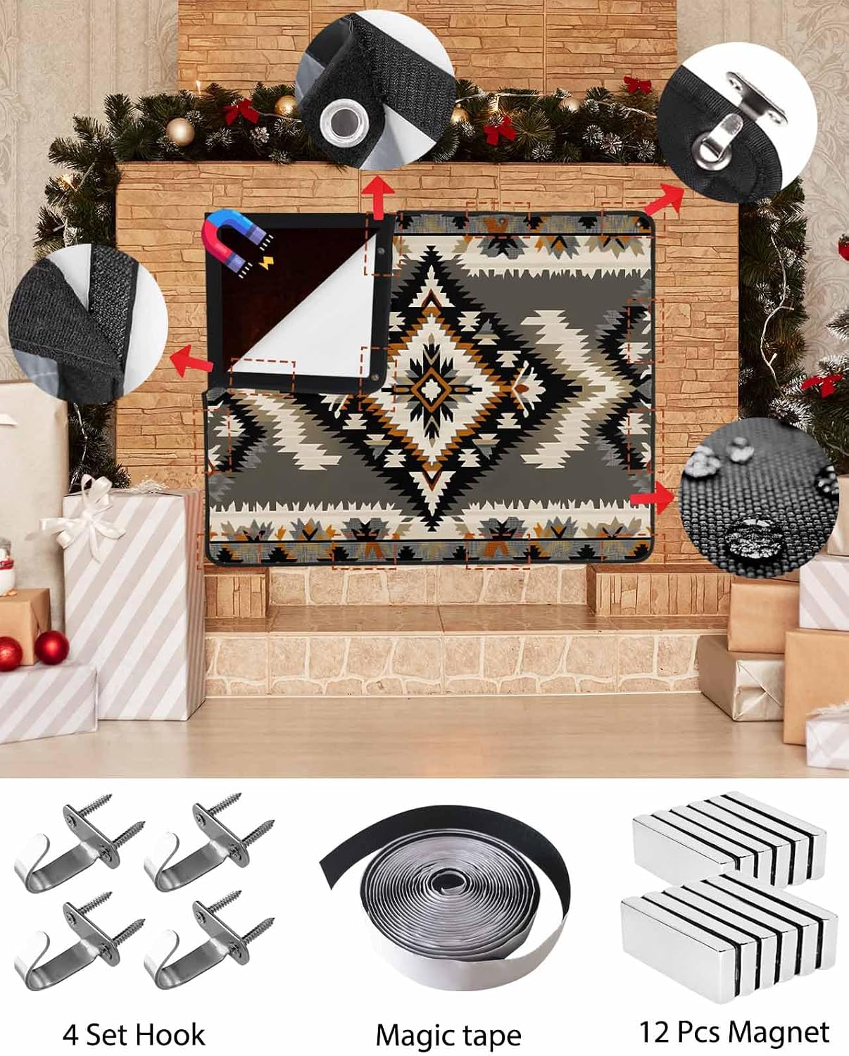 Western Aztec Magnetic Fireplace Cover Decorative Indoor For Brick Fireplace, Rustic Tribal Southwestern Boho Ethnic Insulation Fireplace Blocker Blanket Draft Stop Hot Heat Save Energy, 36"Wx27"H