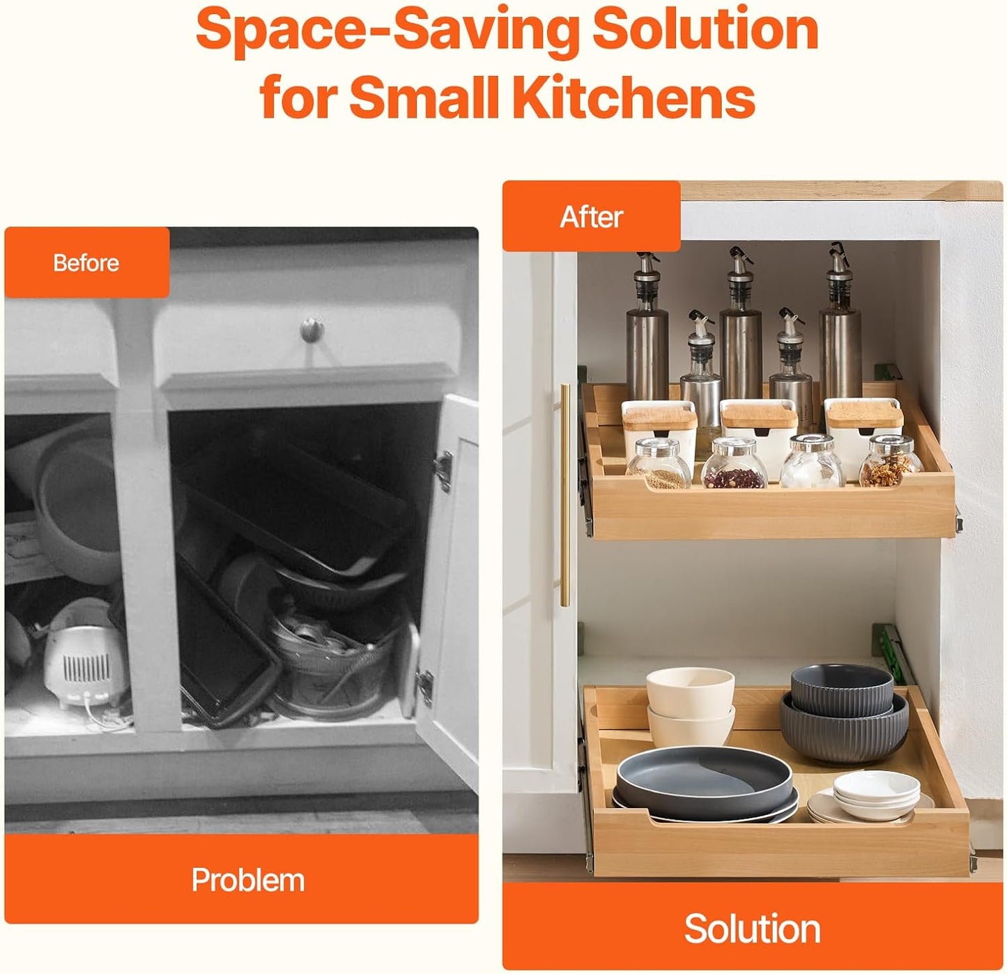 VEVOR Pull Out Cabinet Organizer, 14"W x 21"D Cabinet Drawer, Soft Close Slide out Shelf, Heavy-Duty Sliding Wood Drawer, Bottom Mount Size（14.5"W x 23"D）and Side Mount Size（15"W x 23"D） | Heavy-Duty Sliding Shelf with Bottom or Side Mounting for