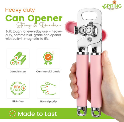 Spring Chef Stainless Steel Manual Can Opener with Soft Grip Handles, Black | Heavy Duty Hand Can Opener for Seniors with Smooth Edge, Easy Turn, 3in1 Can Opener with Magnetic Lid Remover & Bottle Opener