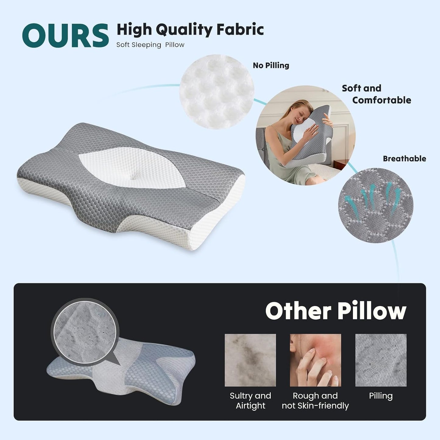 NEWBULIG Cervical Neck Pillow, Ergonomic Contour Memory Foam and Detachable Roll Pillow for Neck Pain Relief Side Back Stomach Sleepers with Cooling Breathable Cover