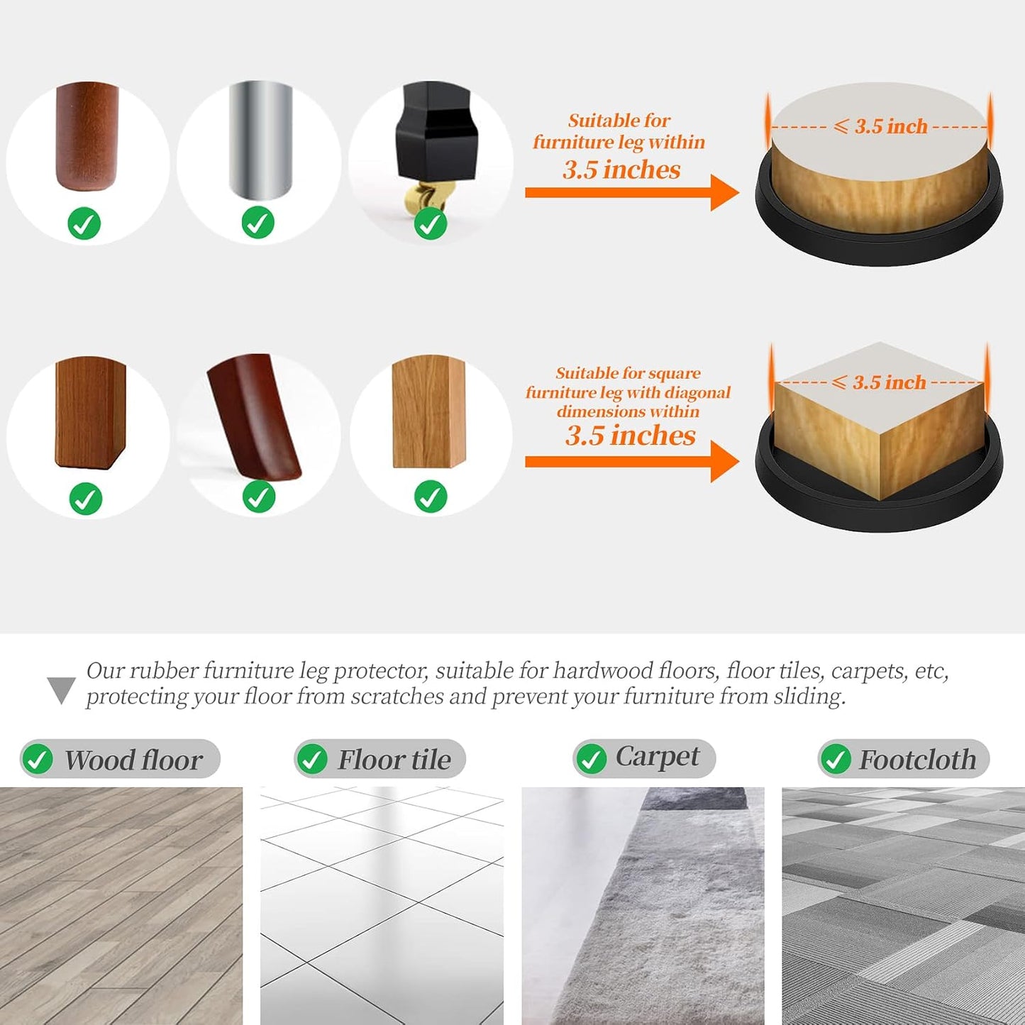 Furniture Coasters,Caster Cups,Furniture Leg Protectors 2.5 Inch 4pcs Rubber Pads no Slip for Hardwood Floors Black