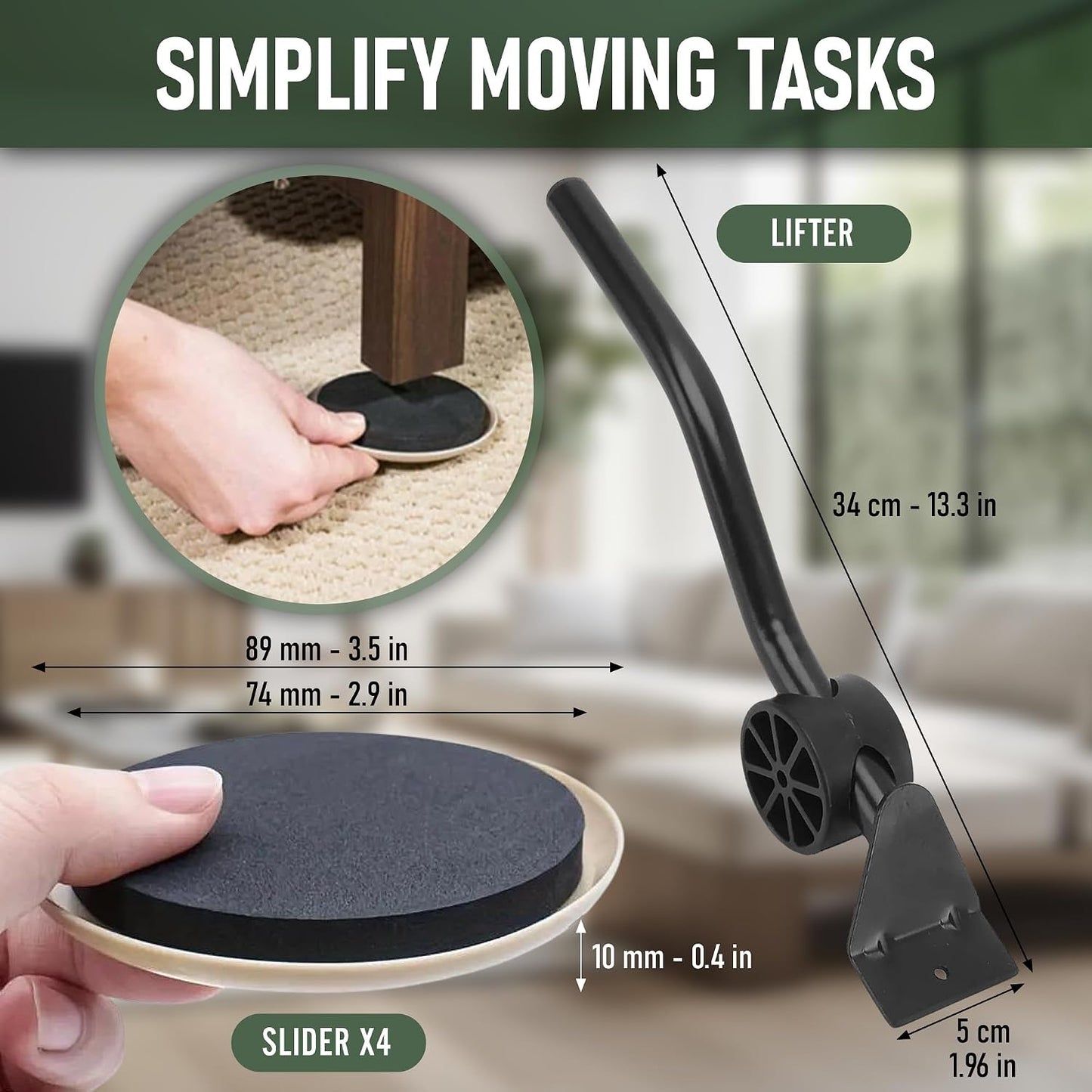 Heavy Duty Furniture Moving System with Lifter Tool and 4 Sliders - Easy Furniture Moving and Lifting Set - Safe for Hardwood Floors and Carpet - Supports Up to 660 lbs