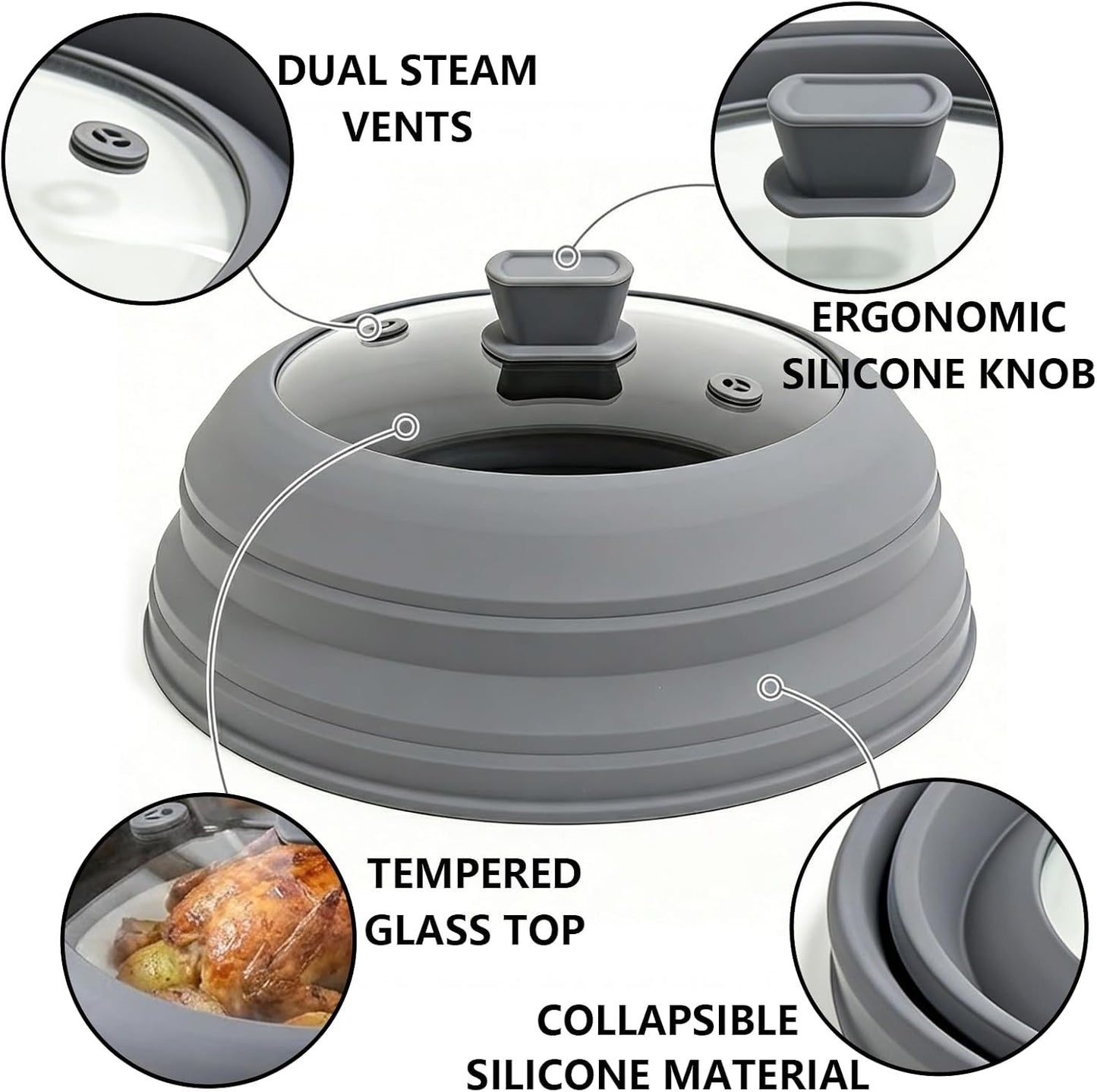 Microwave Splatter Cover for Food, 3-in-1 Glass & Silicone Microwave Cover with Anti-Scald Base Plate and Silicone Mat,Collapsible Vented Guard Lid, BPA-Free, Dishwasher Safe, 11 Inch (Large-Gray)