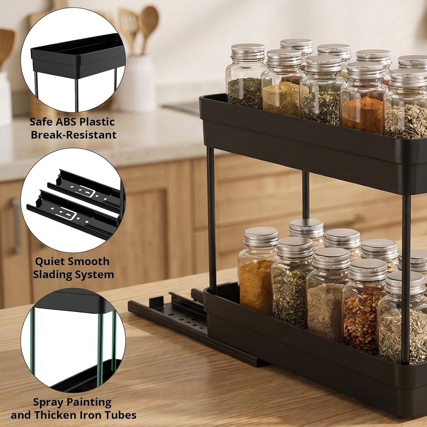 Pull Out Spice Rack Organizer for Cabinet, 3 Packs Slide Out Spice Racks Organizer, Spice Cabinet Organizers, Cabinet Size Need:12'' Highx11'' Deepx5'' Wide,Each Tier Hold 10 Spice Jar - 2 Tier, Black