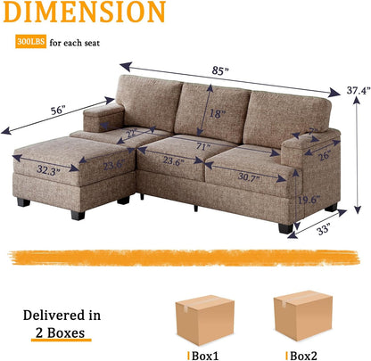 85'' L Shaped Couch with Armrest Organizer,Sectional,Movable Ottoman,Khaki | Comfy Sectional Sofa with Thick Cushion,3 Seats Sofas,Sectional Couches for Living Room,Bedroom,Apartment,Chenille