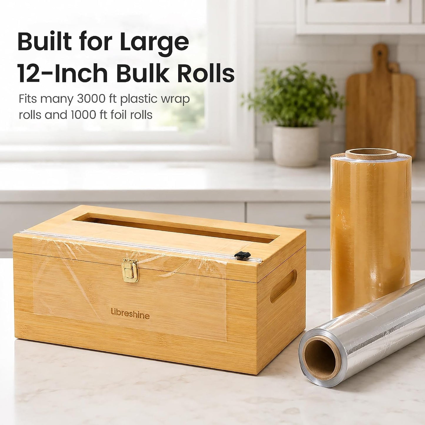 Libreshine 12-Inch Bamboo Plastic Wrap Dispenser with Cutter for Large Roll | Fits many 3000 ft plastic wrap and 1000 ft foil rolls, including Kirkland Signature rolls sold at Costco