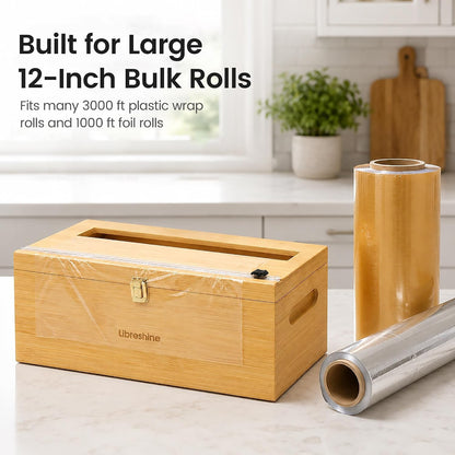 Libreshine 12-Inch Bamboo Plastic Wrap Dispenser with Cutter for Large Roll | Fits many 3000 ft plastic wrap and 1000 ft foil rolls, including Kirkland Signature rolls sold at Costco