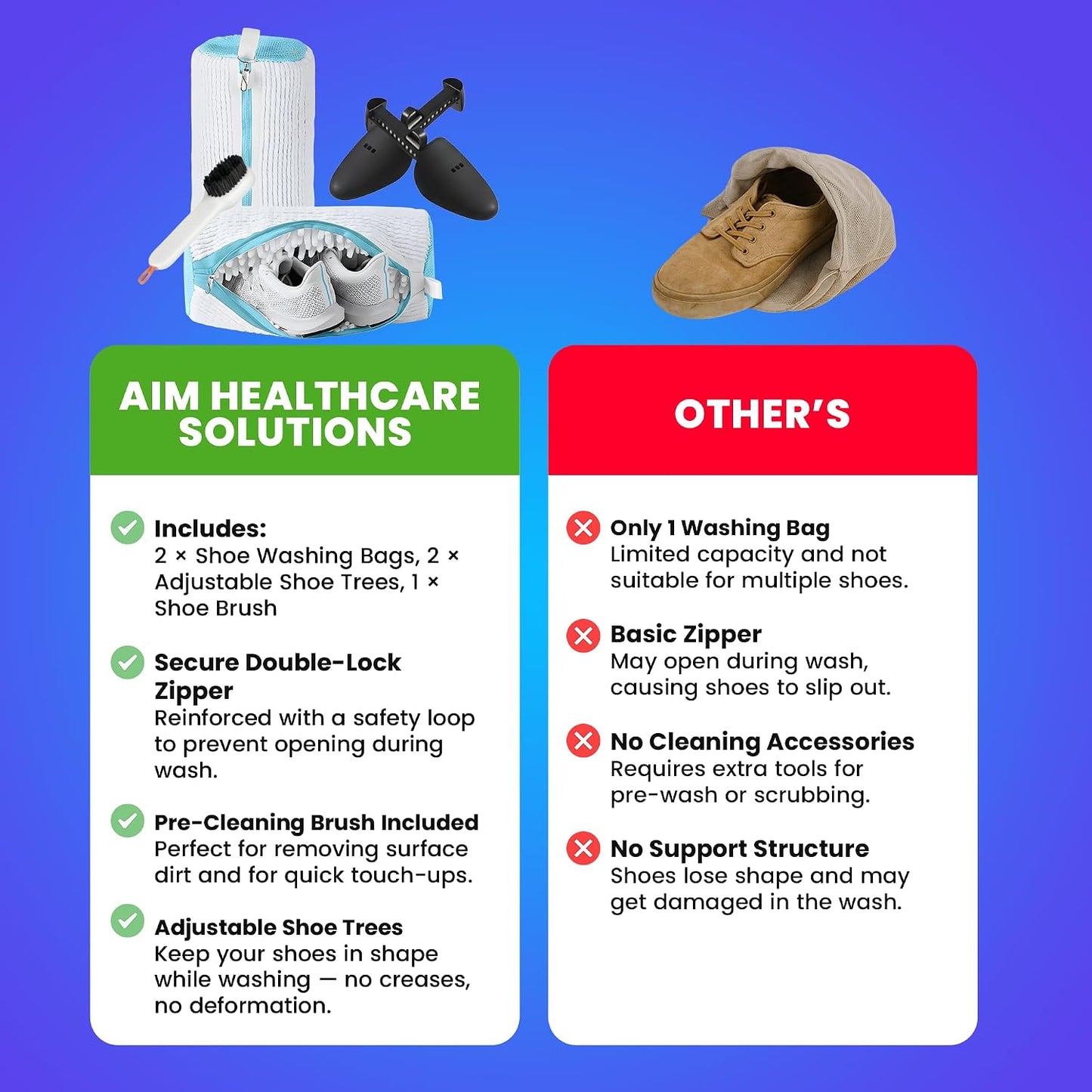 Shoe Washing Machine Bag with Brush & Trees Reusable Laundry Shoe Bag Set | 2pc Reusable Sneaker Washing Bag Kit with Zip Protection shoe cleaning bag 3k chenille material 360 deep Clean Shoe Wash Bags