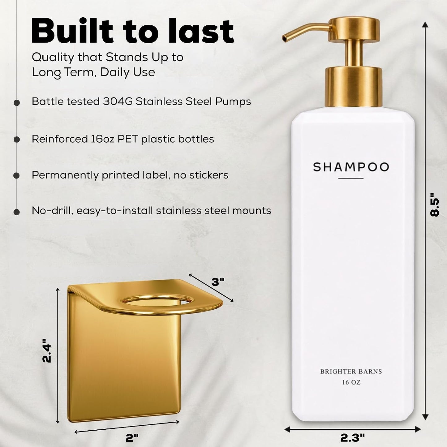 Luxury Shampoo and Conditioner Dispenser Set Wall Mounted by Brighter Barns - Refillable Shower Dispenser with Stainless Steel Pumps - Shampoo Bottles 3 Chamber No Drill for Airbnb, Spa, Hotel (White)