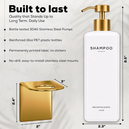 Luxury Shampoo and Conditioner Dispenser Set Wall Mounted by Brighter Barns - Refillable Shower Dispenser with Stainless Steel Pumps - Shampoo Bottles 3 Chamber No Drill for Airbnb, Spa, Hotel (White)