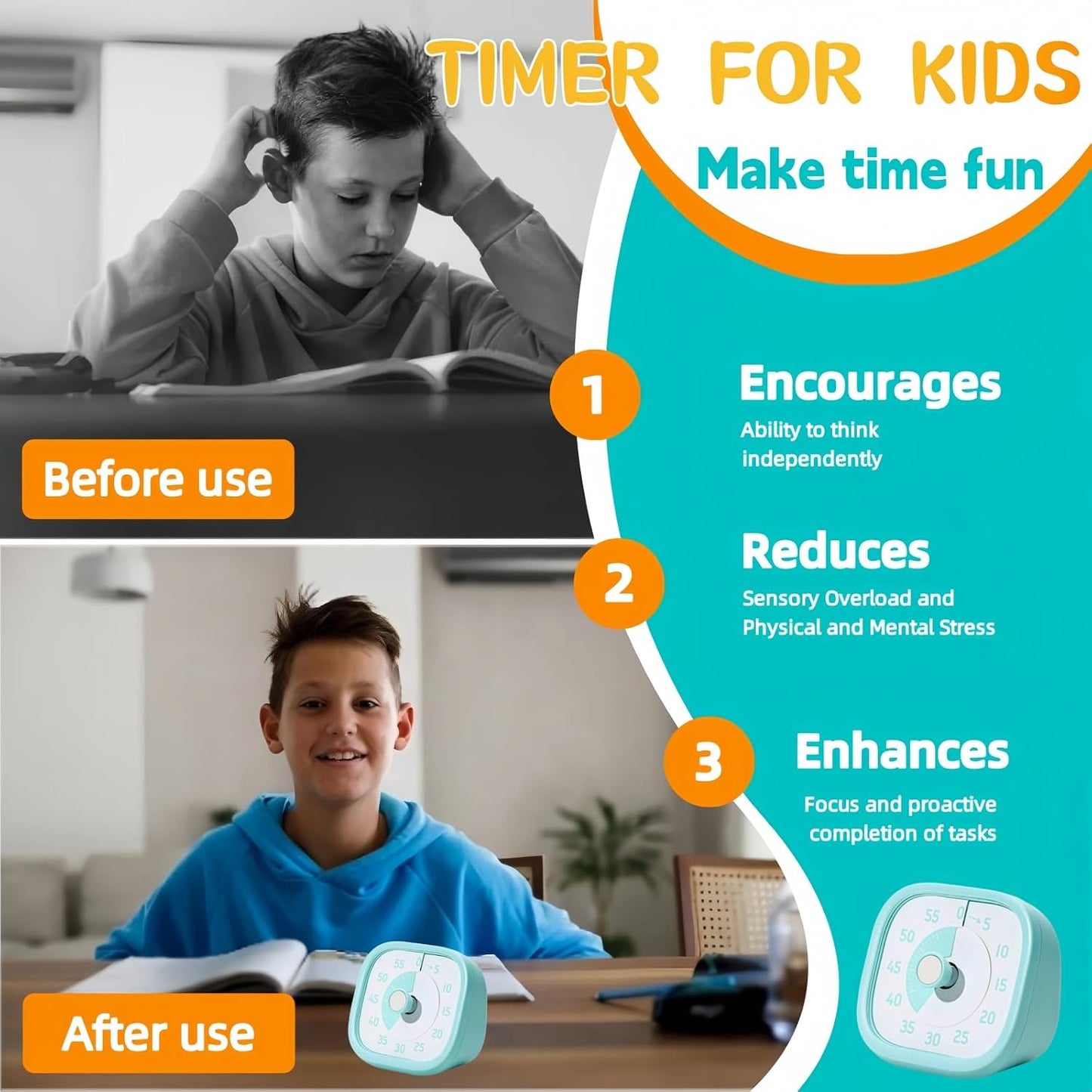 Visual Timer for Kids - 60 Minute Visual Kids Timer for Classroom Home Office, Countdown Timer for Cooking Teaching Working Meeting (Orange)