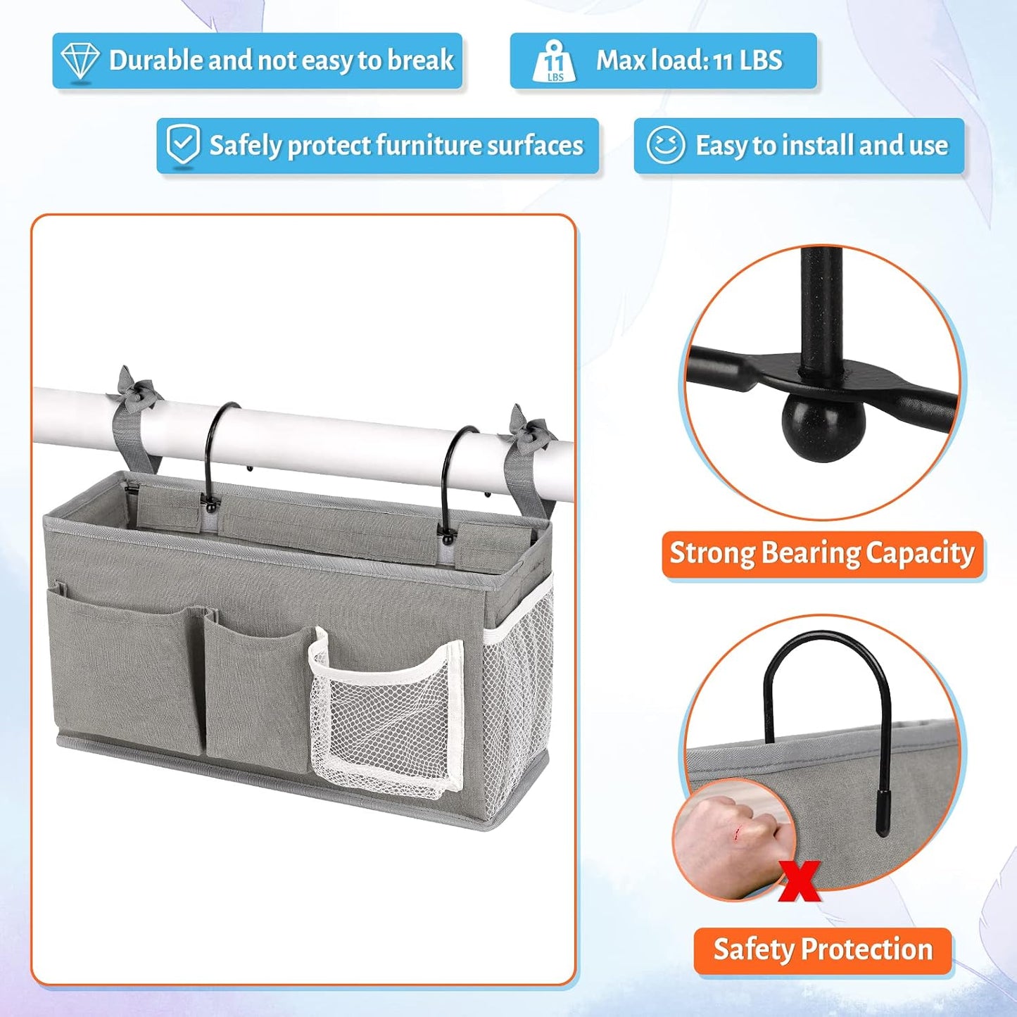 Bedside Caddy, Bedside Storage Bag Hanging Organizer for Bunk Dorm Bed Rail | Bed Caddy with Hooks, Top Bunks and Dorm Essentials for Water, Tissues, Tablets, Books, Phones, Remotes and Other Necessories