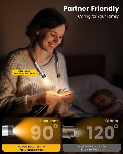 Glocusent Neck Light with Timer, 100 Hours Book Light for Bedtime Reading | Neck Reading Light, 3-Color, 5 Brightness, Bendable, Ergonomic, 1600mAh, Rechargeable, Eye Care, Sleep Aid, Travel Lock, Gift