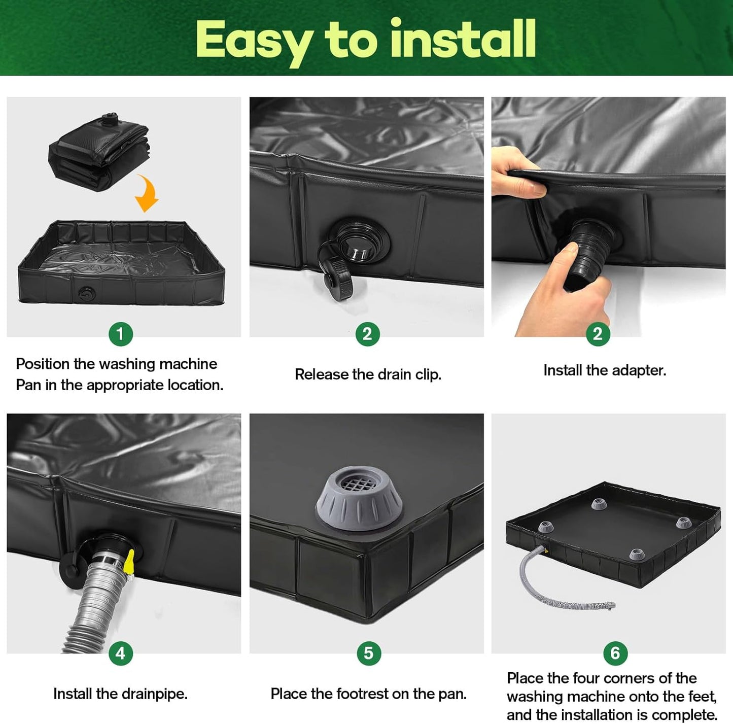 Foldable Washing Machine Drain Pan with Drain Pipe & 4 Anti-Vibration Pads, 31.5x31.5x4.7 Inch Portable Leak Proof Tray for Washer/Dryer, Non-Slip Waterproof Drip Pan with Raised Edge