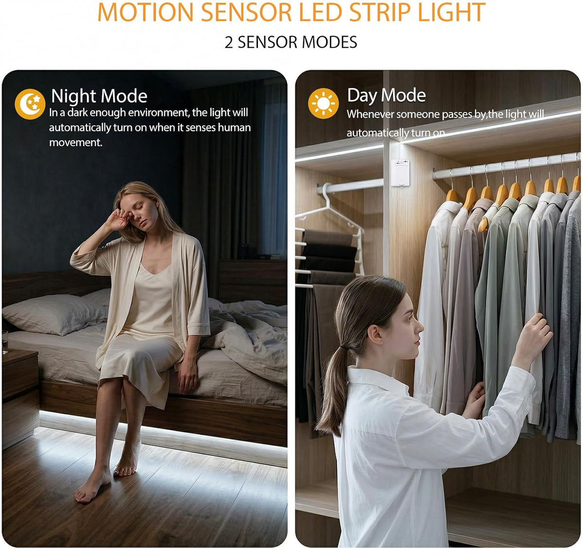 OMIKA Dual Sensor Stair Lights Indoor, Rechargeable 16.4ft LED Strip Light, 150 LEDs Double Motion Activated Under Bed Night Lights for Shelves, Stairway, Closet, Corridor, Bedroom, 6000K Cool White