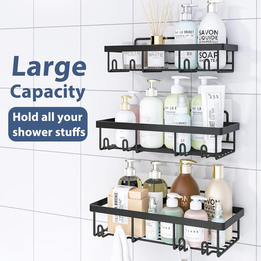 Liuoud 5 Pack Shower Caddy for Inside Shower, Gold Bathroom Storage Decor | Large Rustproof Stainless Steel Organizer with Strong Adhesive, No Drilling Wall Mounted Shelves, Bathroom Accessory Set