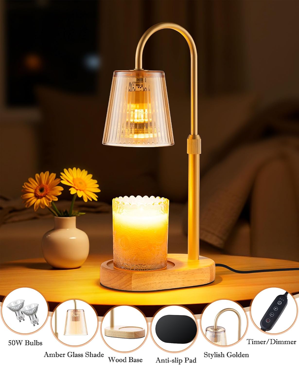 Adjustable Candle Warmer Lamp with Timer - Electric Light Wax Warming | Dimmable, Flameless, Top Melter Heater Melting Heating Height Small Jar Candles Gifts Women Mom Birthday Desk Modern Decor