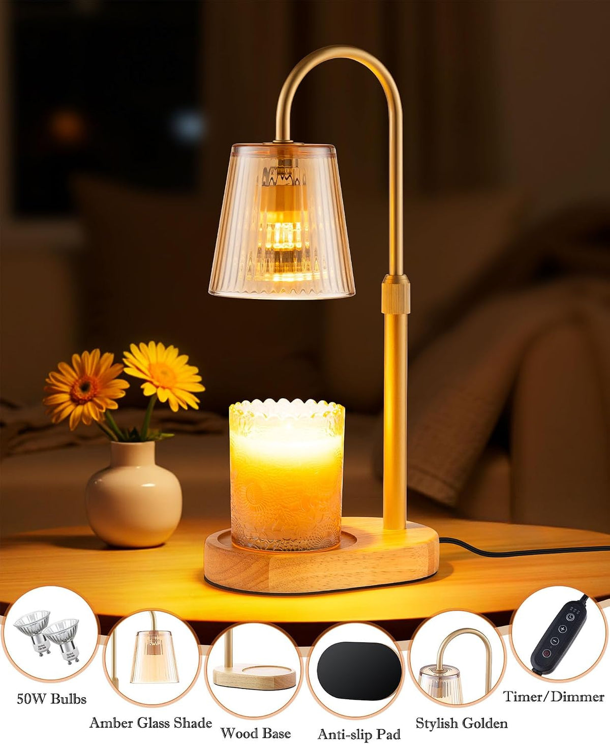 Adjustable Candle Warmer Lamp with Timer - Electric Light Wax Warming