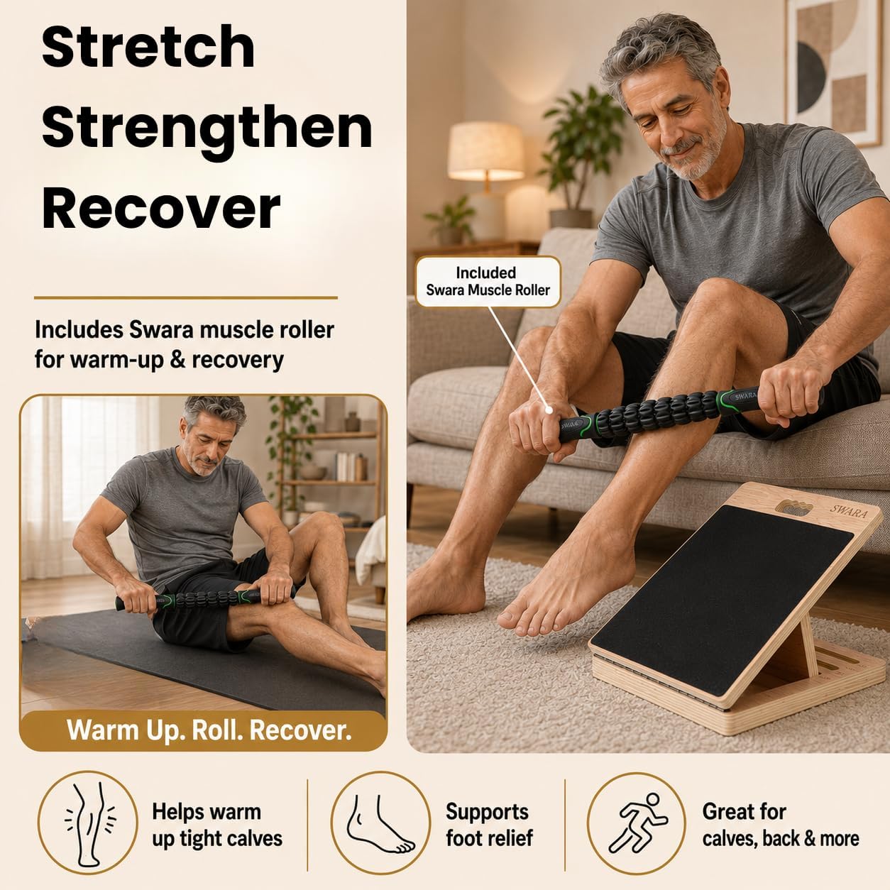 Swara 17″ Wide Wooden Slant Board for Calf Stretching & Squats, Foldable | Adjustable Calf Stretcher with Thicker Base, Foldable Wide Slant Board, Exercise Guide, Free Muscle Roller and 400lb Capacity