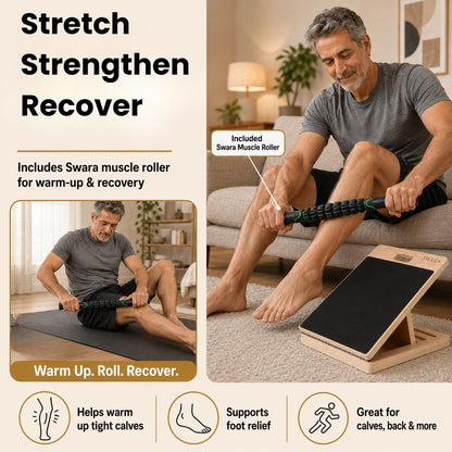 Swara 17″ Wide Wooden Slant Board for Calf Stretching & Squats, Foldable | Adjustable Calf Stretcher with Thicker Base, Foldable Wide Slant Board, Exercise Guide, Free Muscle Roller and 400lb Capacity