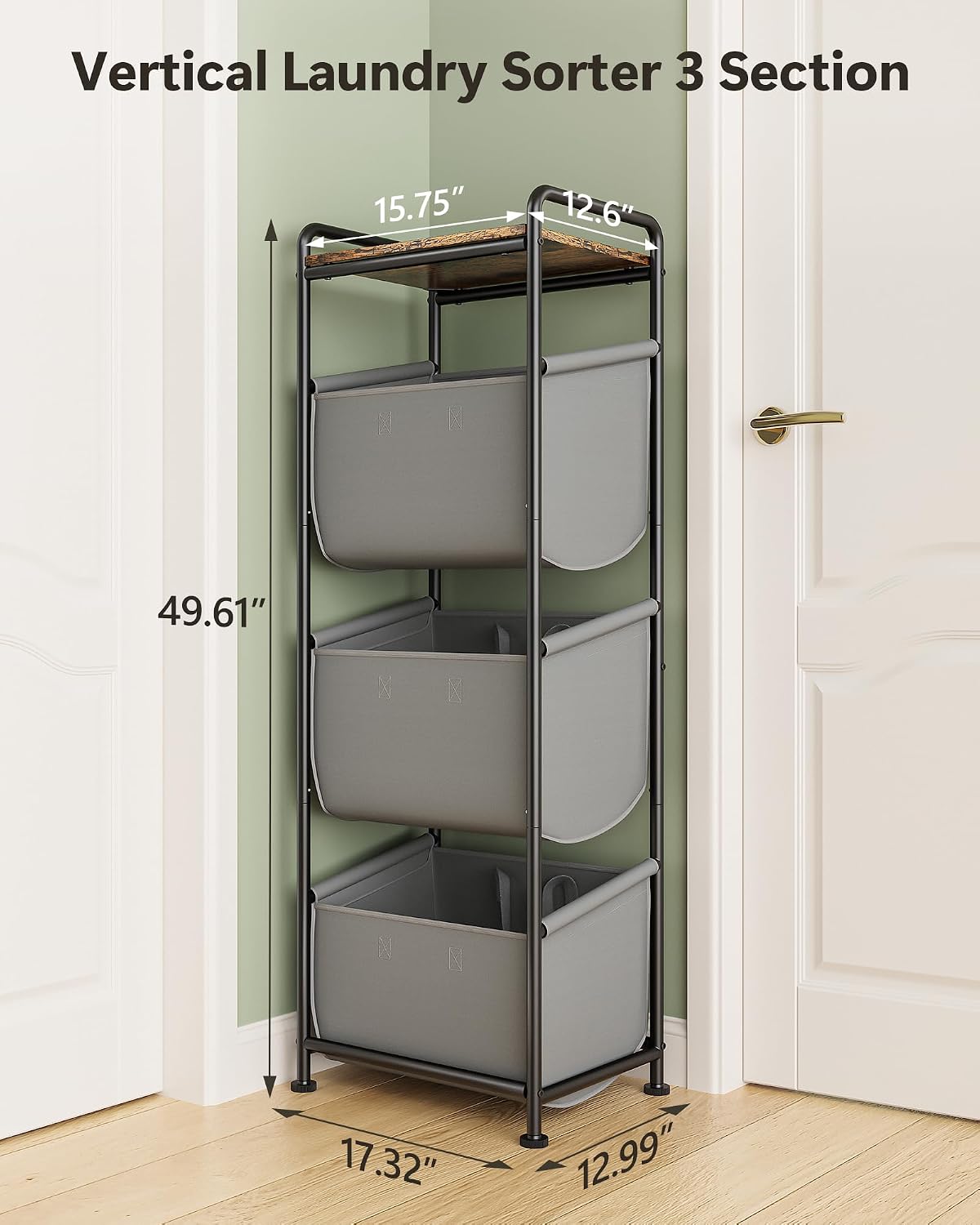 3 Section Laundry Sorter with Removable Bags, 120L Rolling Vertical Laundry Hamper, Stackable Laundry Baskets organizer for Bathroom, Apartment, Dorm (Beige, With Wheel)
