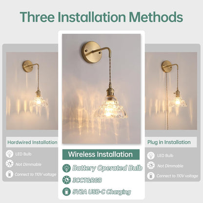 Shenmoyl Battery Operated Wall Sconce Wall Lamp with Green Lily of the Valley Shade Pattern Glass Adjustable Chain Retro Gold Wall Mounted Light, Modern Wall Lamp Fixtures Decor for Bedside Bedroom