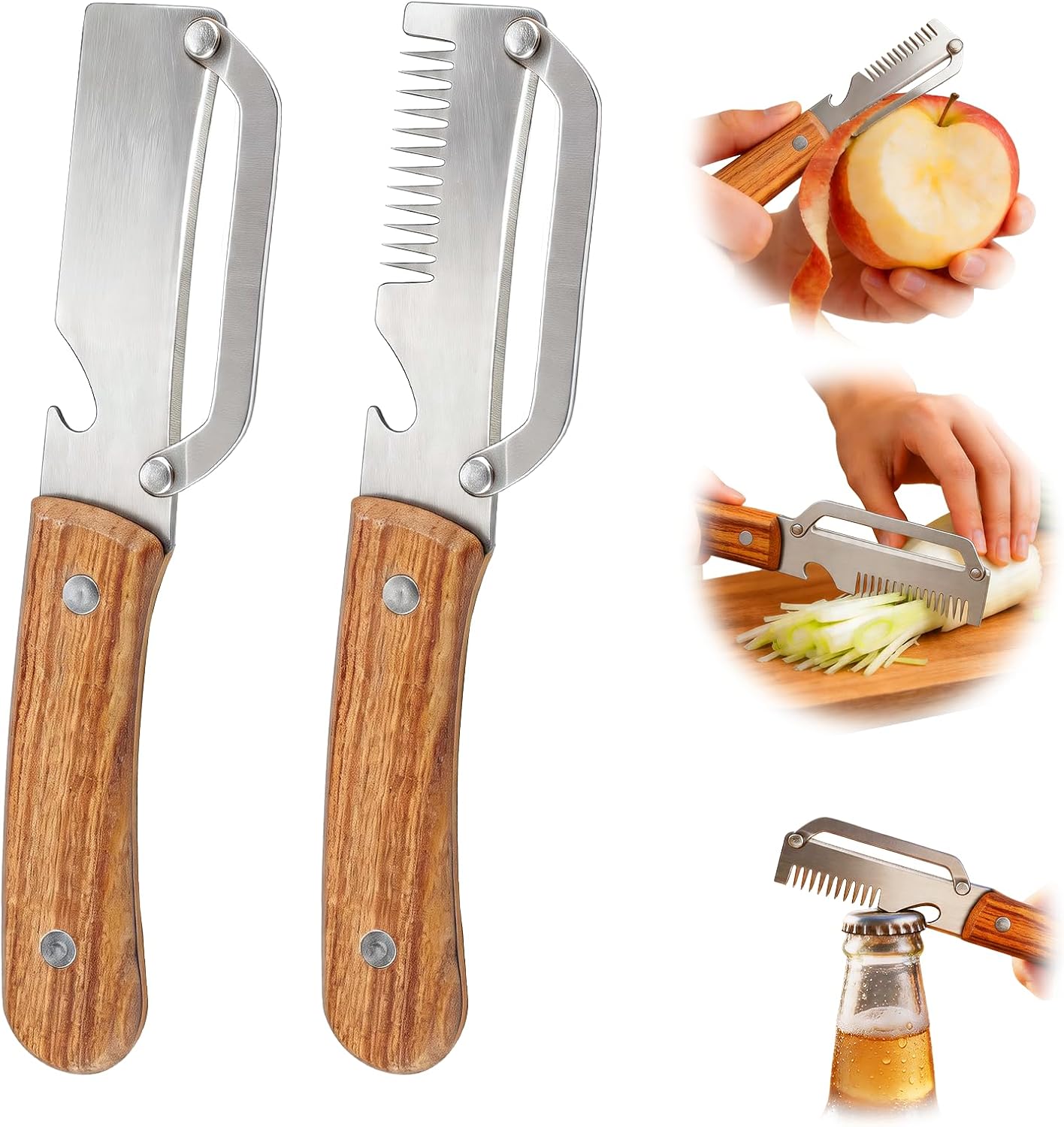 Julienne Peeler Vegetable Peeler for Veggie Potato Carrot(2 Pack) | Multifunctional Cabbage Shredder | 3 in 1 Peeler and Julienne Shredder Tool | Wooden Handle | Bottle Opener