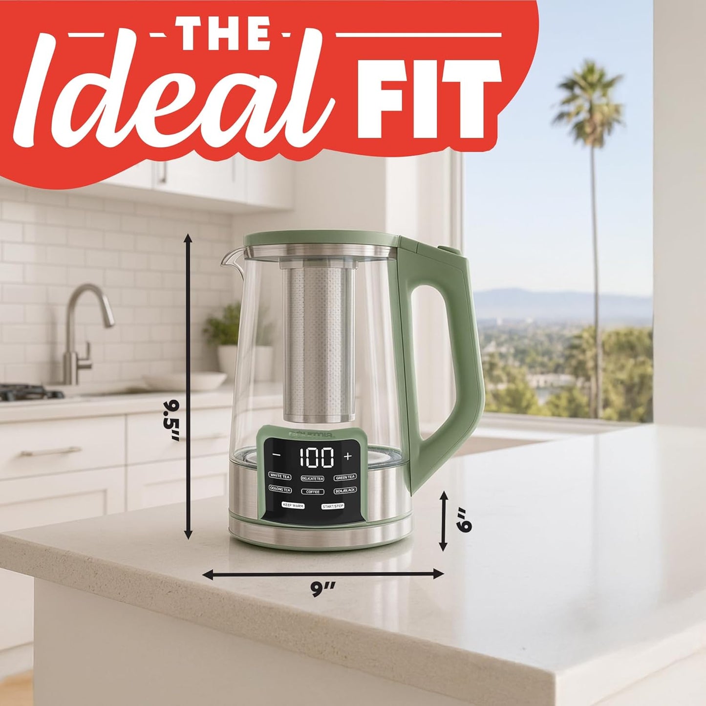 Gourmia Electric Glass Kettle – 1.7L Programmable Tea & Coffee Brewer with Digital Touch Display, 6 Presets, Removable Stainless Steel Infuser, Cordless with 360° Swivel Base, Black