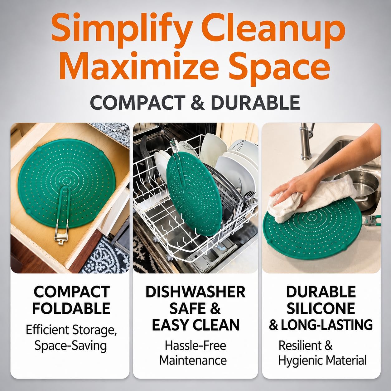 Silicone Splatter Screen for Frying Pan, 13” Navy – Grease & Oil Splatter Guard, Heat Resistant, Dishwasher Safe, Foldable Handle with Sleeves – Splash Guard Fits 10–12” Pans, Most 13” Skillets