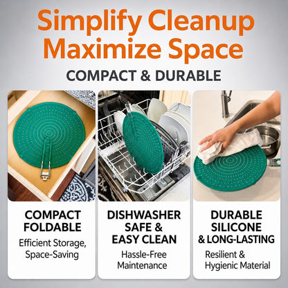 Silicone Splatter Screen for Frying Pan, 13” Navy – Grease & Oil Splatter Guard, Heat Resistant, Dishwasher Safe, Foldable Handle with Sleeves – Splash Guard Fits 10–12” Pans, Most 13” Skillets
