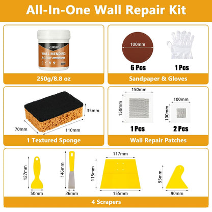 KURUI Drywall Repair Kit, 8.8oz Spackle Wall Repair Paste with Scraper, 6 Sandpaper Sheets & Self Adhesive Dry Wall Patch Kits, Easy Hole Filler for Drywall, Plaster and Home Repair