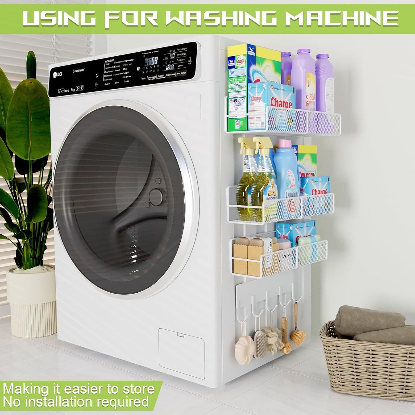 4 Pack Magnetic Shelves for Washing Machine, Heavy-Duty Magnetic Laundry Organizer with Hooks, Washing Machine Shelf for Refrigerator, Metal Storage Baskets, Closet & Laundry Room Organization(Black)
