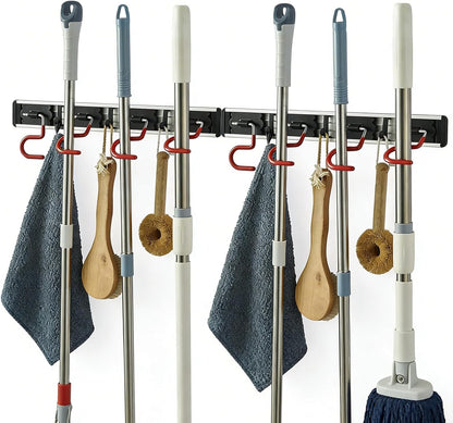 Wall Mounted Mop and Broom Holder Stainless Steel S Type Broom Rack Anti-Slip Mop Organizer (17 Inches,4 Positions 3 Hooks, Red black) (17inch)