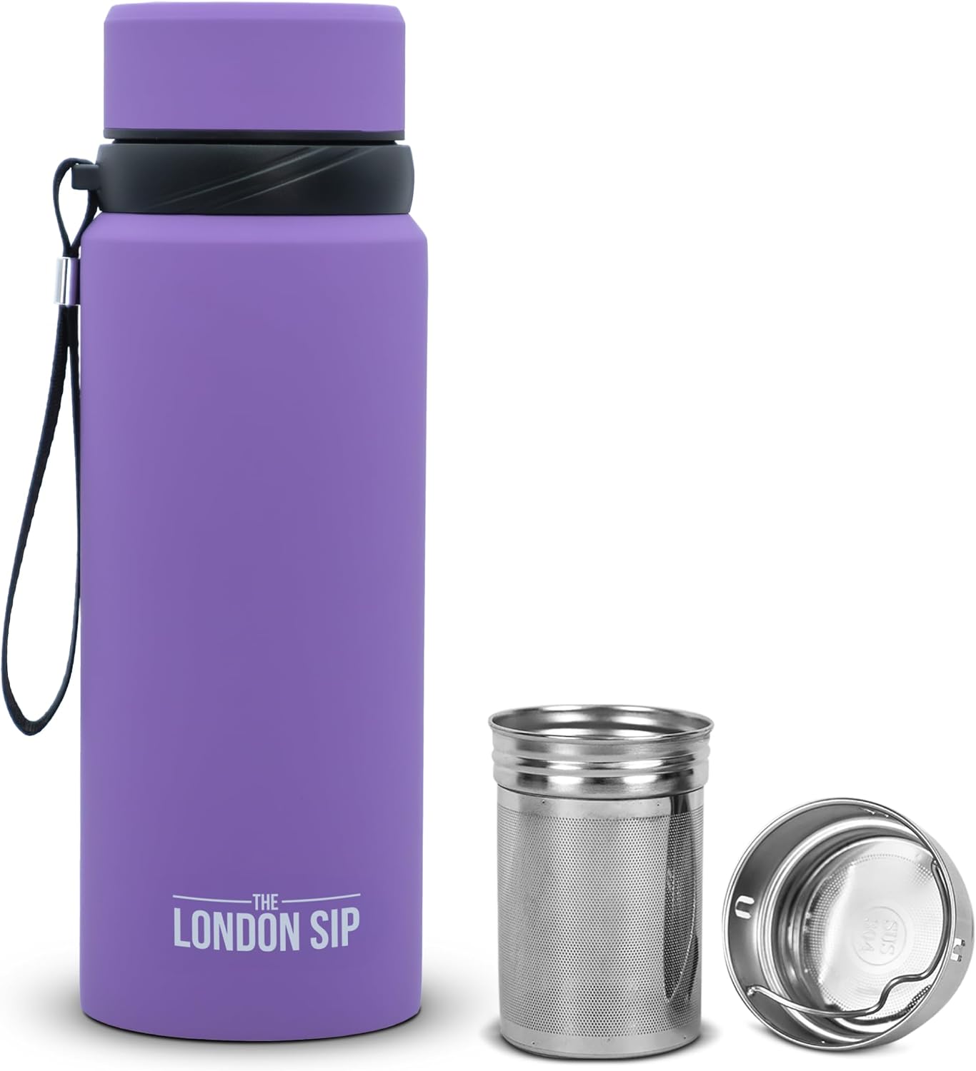 London Sip 25 oz Multi-Function Travel Mug and Tumbler Tea Infuser Water Bottle Fruit Infuser Flask Hot and Cold Double Wall Stainless Steel Coffee Thermos, Zen Black