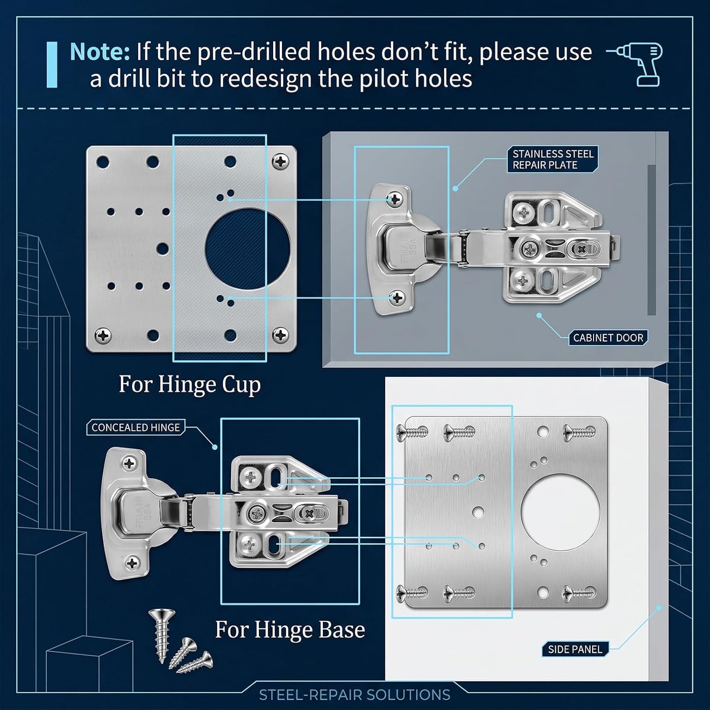 40 Cabinet Hinge Repair Plate Kit, Door Hinge Mounting Plate&Screws | Durable Stainless Steel Large Cabinet Fix Board for Kitchen Cabinet, Cupboard Doors and Furniture