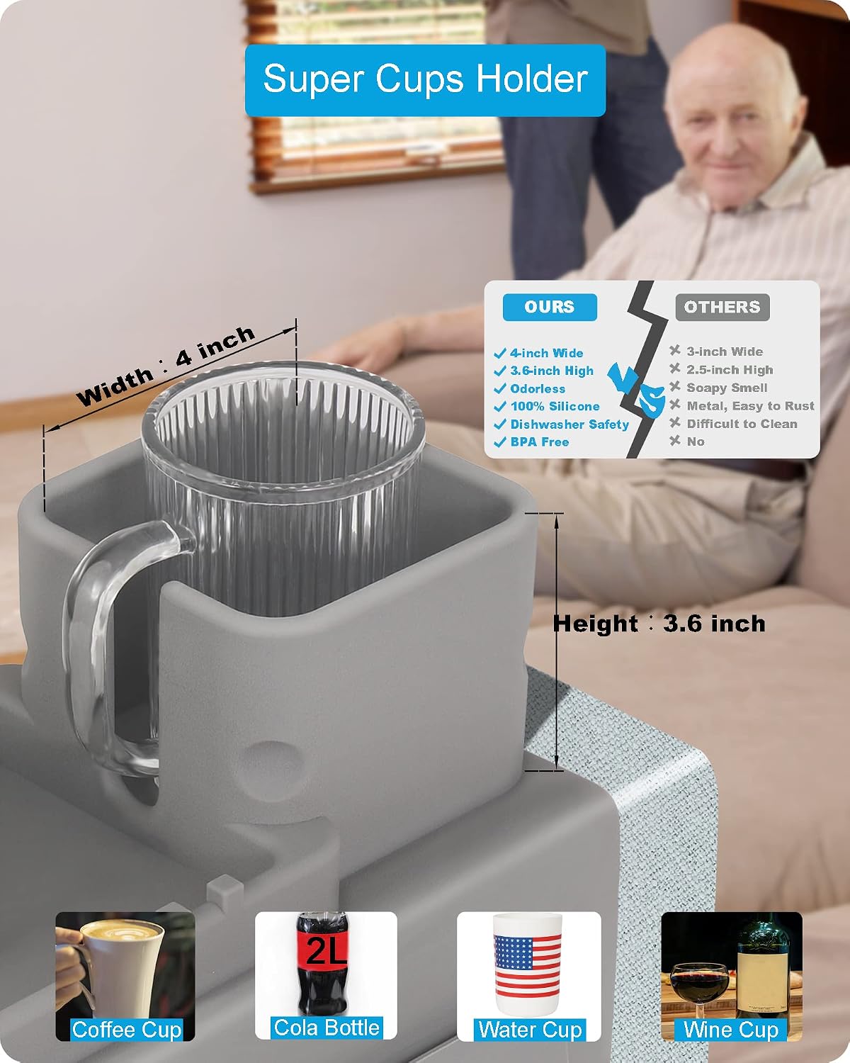 Silicone Couch Cup Holder, VIENFUT Anti-Spill Anti-Slip Sofa Armrest Tray BPA-Free, Dirt-Resistant Silicone Couch Arm Tray for Remote, Snacks, Cellphone and iPad, Gift for Family, Friend (Black)