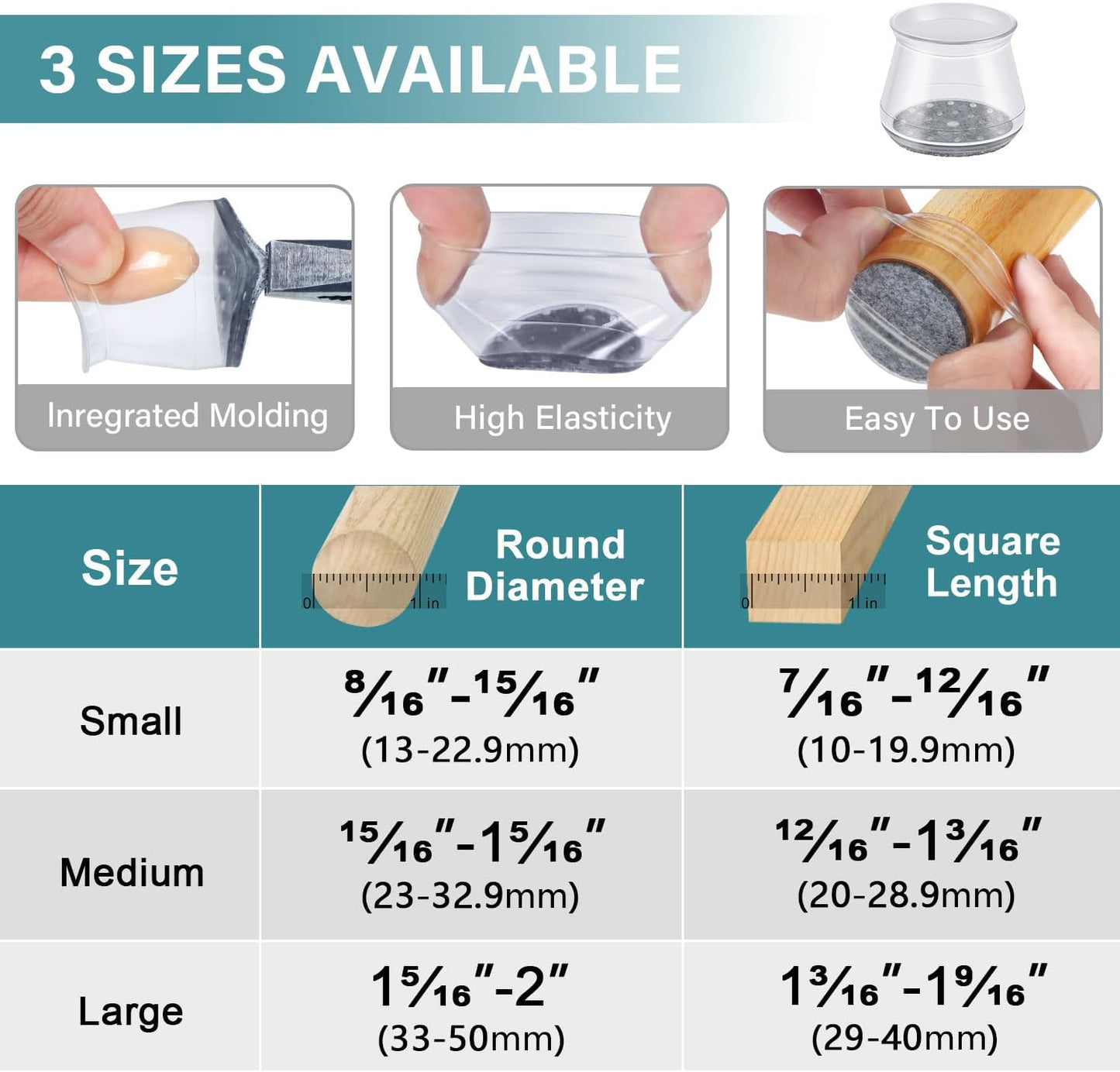 Ansible 24 Pcs Chair Leg Floor Protectors Square | Silicone Felt Furniture Leg Pads Caps Covers for Hardwood Floors (Fit:1-1/16" to 1-5/8")