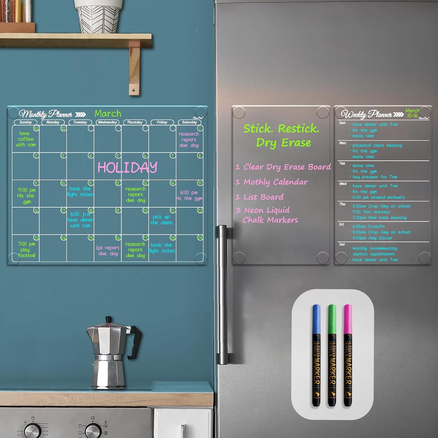 Clear Non-Magnetic Calendar Set for Fridge - Dry Erase Transparent Monthly and Weekly Calendar, List and Blank Whiteboard - Sticks to Wall, Glass, Door, Any Smooth Surfaces