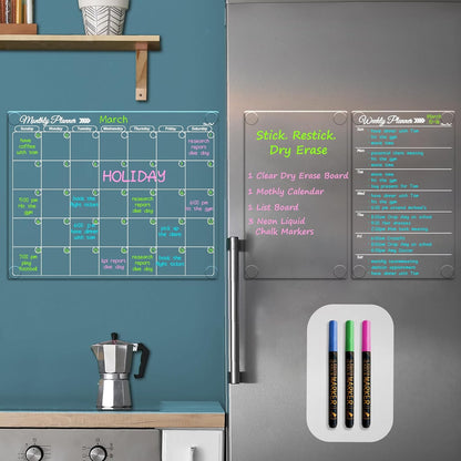 Clear Non-Magnetic Calendar Set for Fridge - Dry Erase Transparent Monthly and Weekly Calendar, List and Blank Whiteboard - Sticks to Wall, Glass, Door, Any Smooth Surfaces