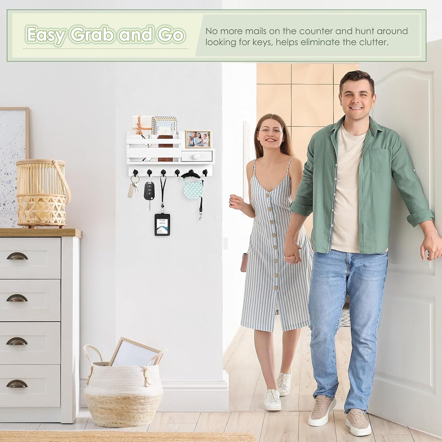 VIS'V Key Holder Wall Mount, Wooden Mail and Key Organizer, White | Contains Little Drawer, Small Shelf, 2 Slots, 6 Hooks, for Entryway, Hallway, Doorway, Kitchen, Garage, RV
