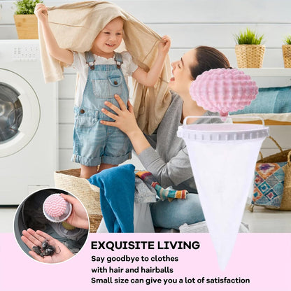 3-Pack Pet Hair Remover for Laundry, Floating Mesh Washing Machine Catchers | Reusable floating mesh catchers help collect loose pet hair and lint during washing; includes yellow, pink and blue pieces.