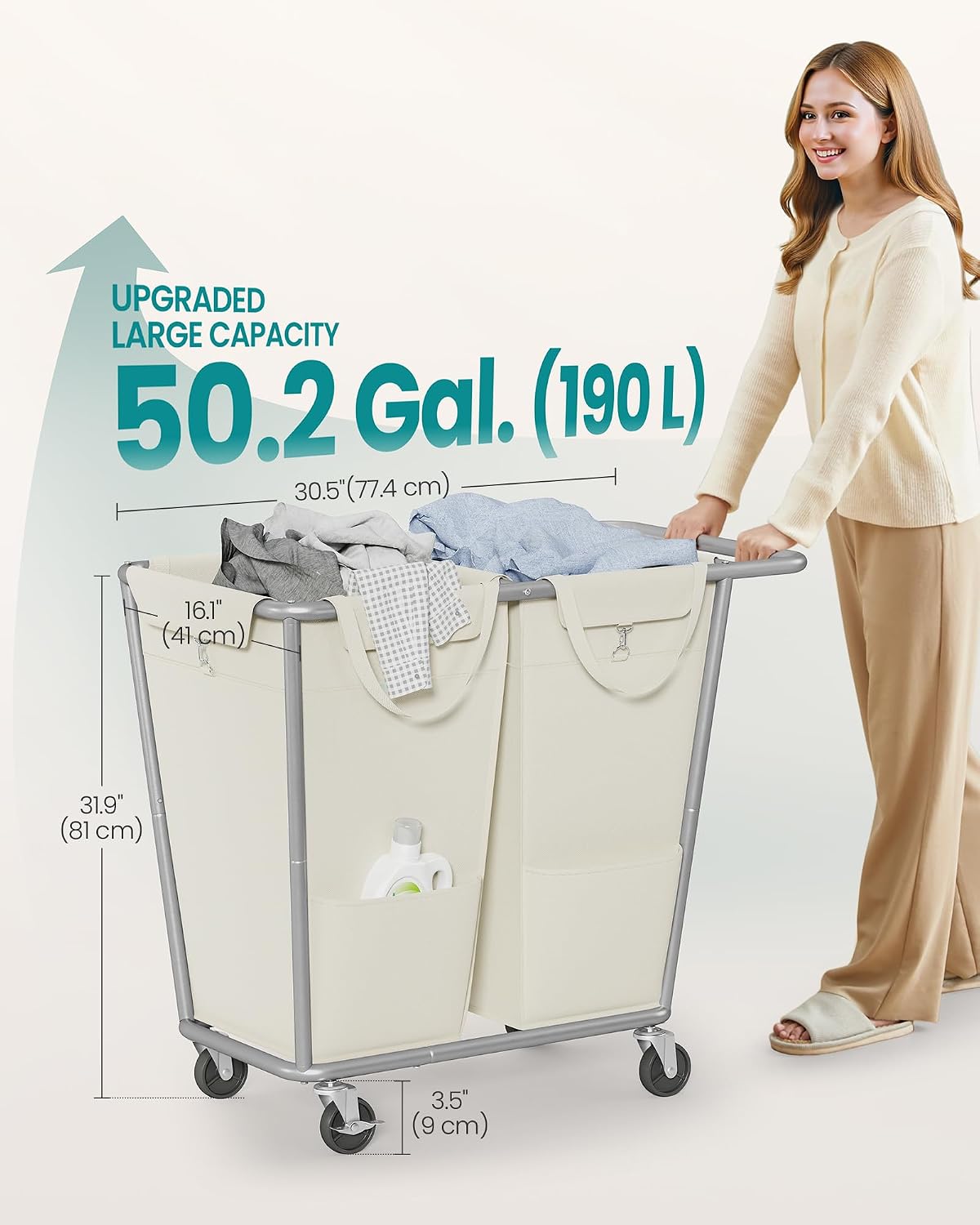 SONGMICS Laundry Basket with Wheels, 3-Section Laundry Sorter, 76.6 Gallons (290 L) Rolling Hamper with Removable Bags, Heavy-Duty Steel Frame, Cream White, Dark Gray and Ink Black URLS010X01